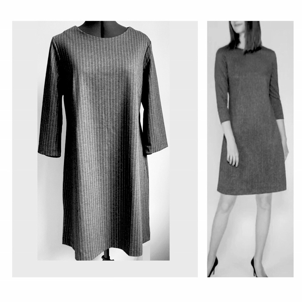 Rachel by Rachel Roy Grey Midi Dress 3/4 Sleeve Pinstriped